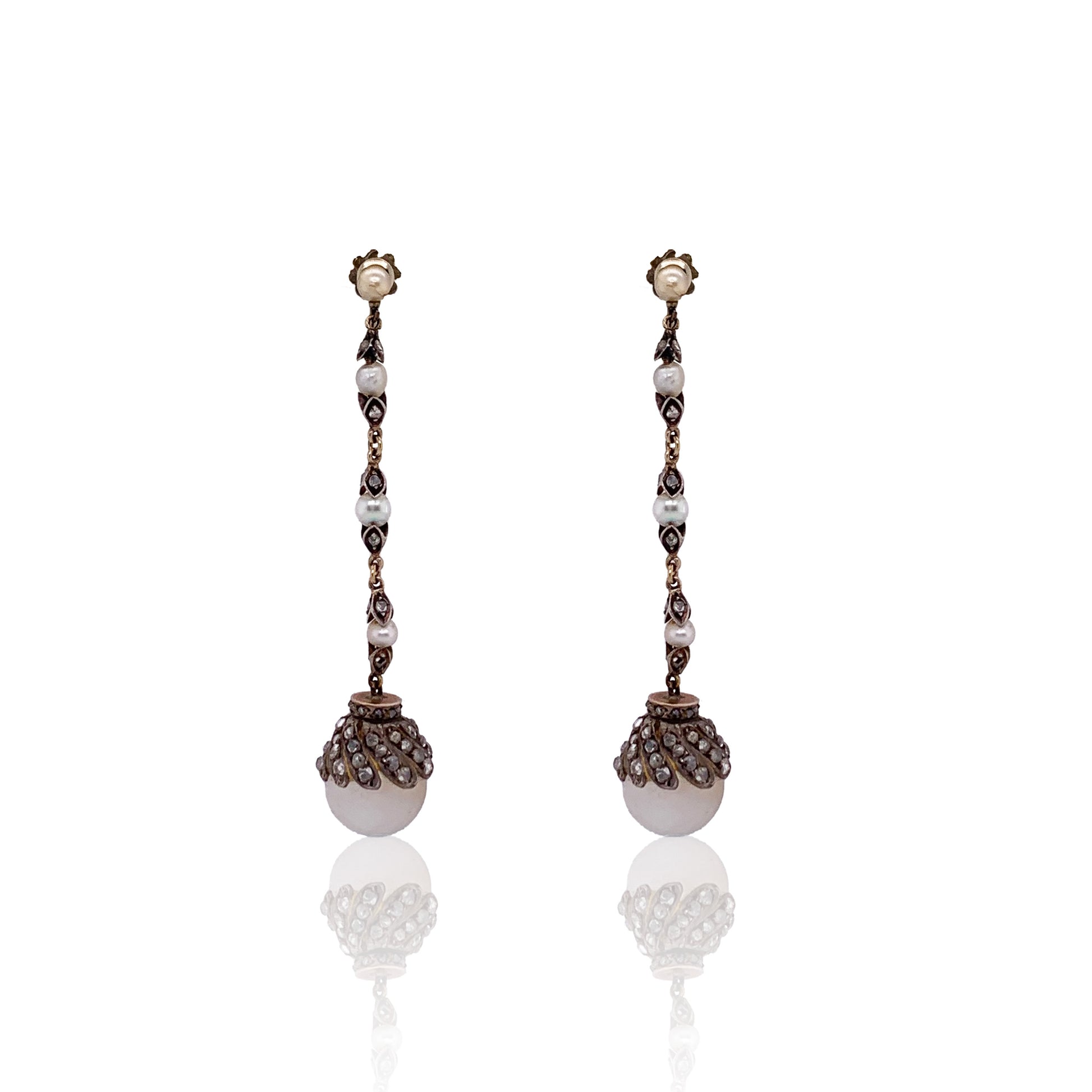 Antique Silver & Yellow Gold Moonstone, Diamond & Natural Pearl Earrings front view