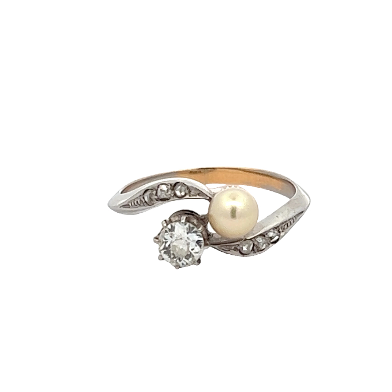 Edwardian Platinum & 18KT Yellow Gold Diamond & Pearl Ring front view