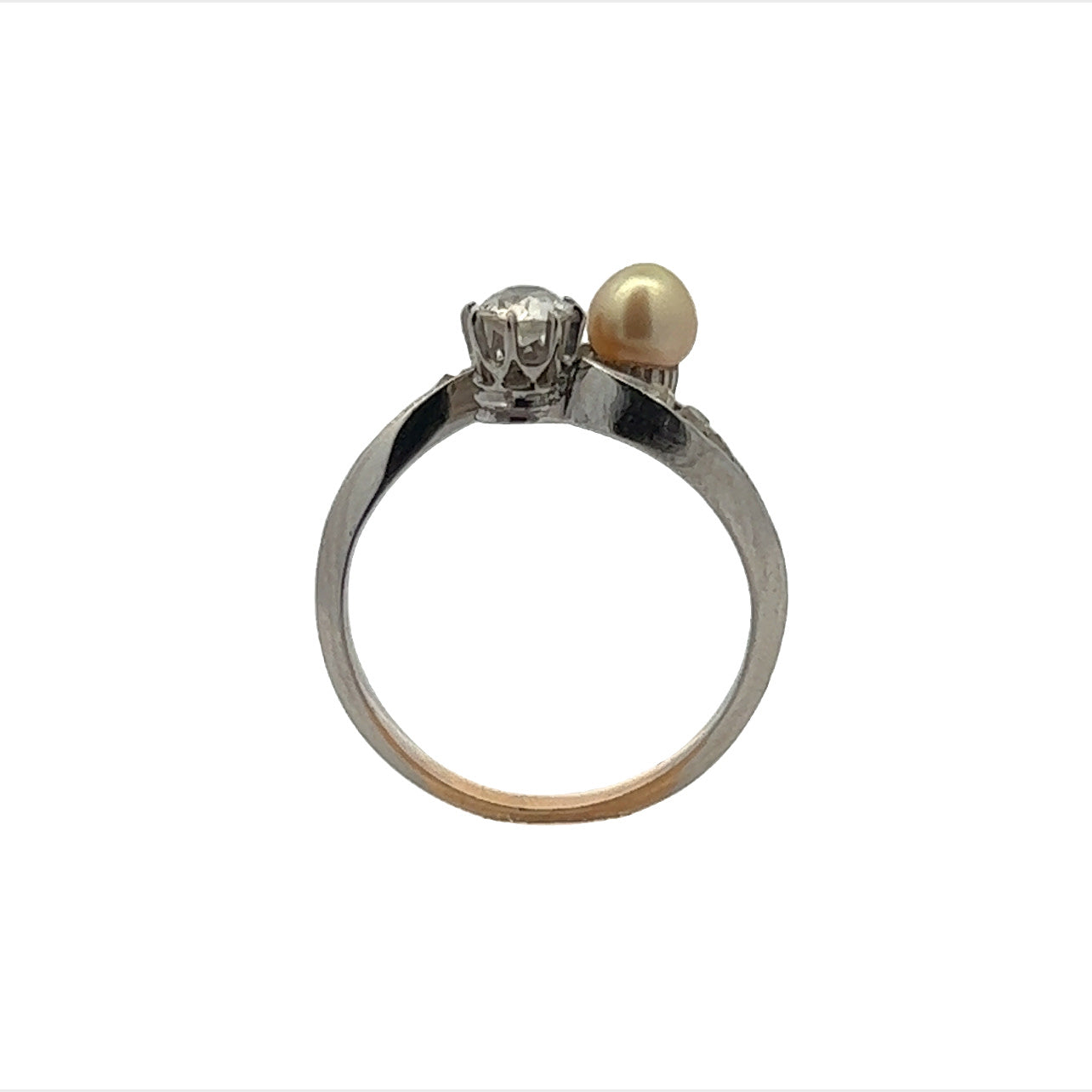 Edwardian Platinum & 18KT Yellow Gold Diamond & Pearl Ring profile view