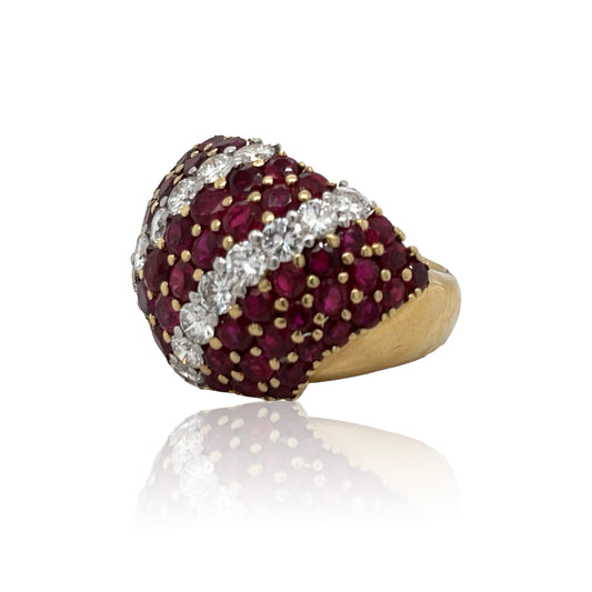 1980s 18KT Yellow Gold Ruby & Diamond Bombe Ring side view