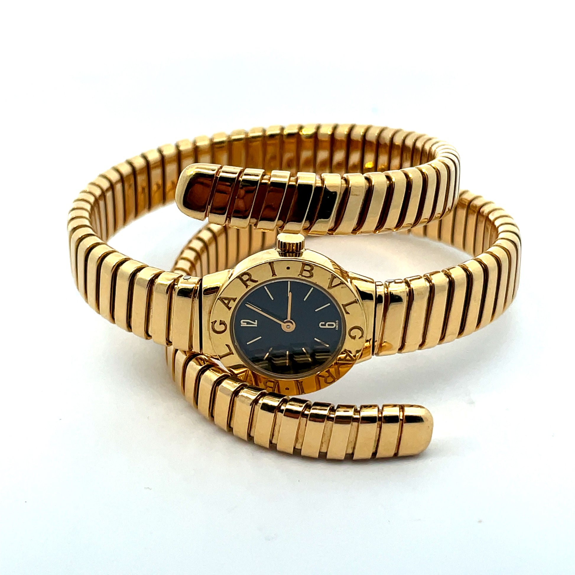 Bulgari 1980s 18KT Yellow Gold Tubogas Serpenti Bracelet Watch front side view