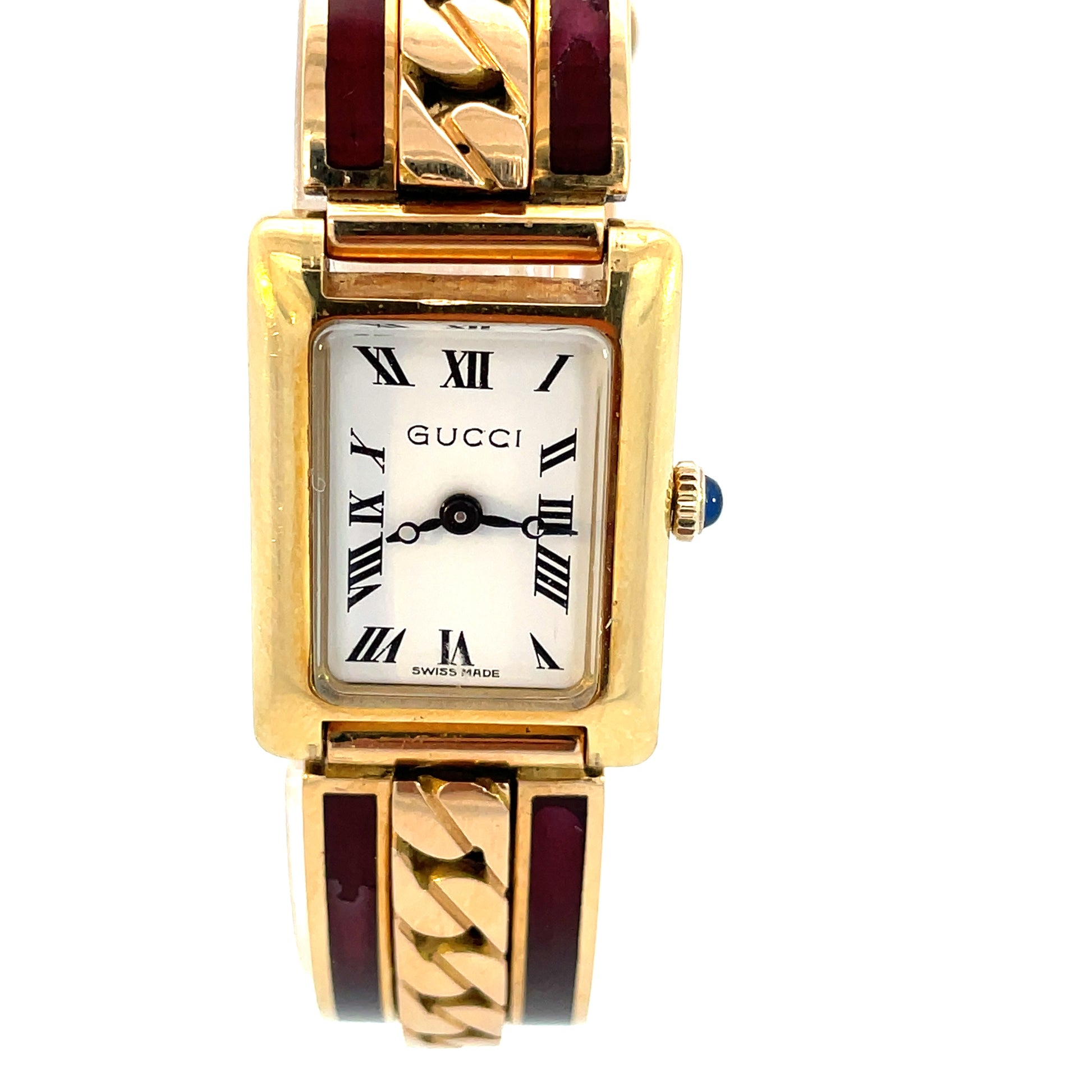 Gucci 1970s 18KT Yellow Gold & Enamel Bracelet Watch front view