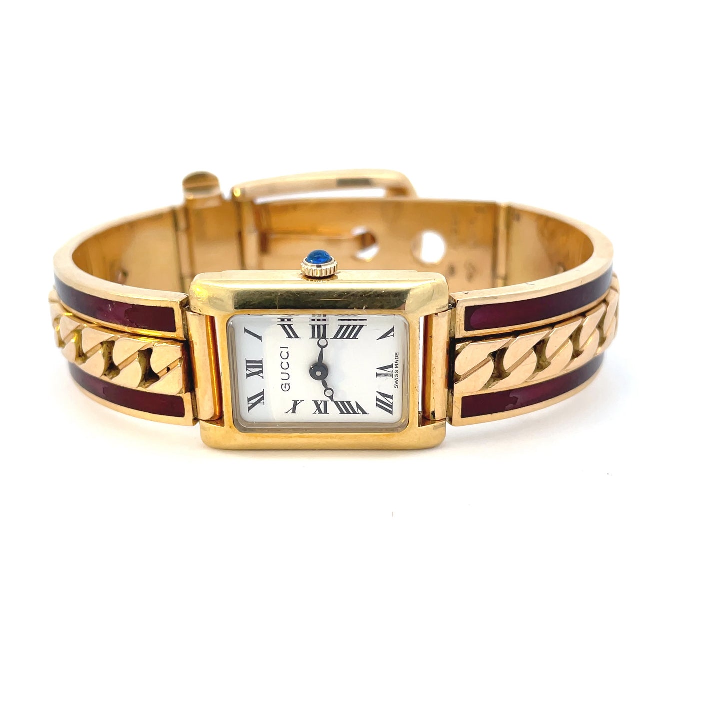 Gucci 1970s 18KT Yellow Gold & Enamel Bracelet Watch front side view