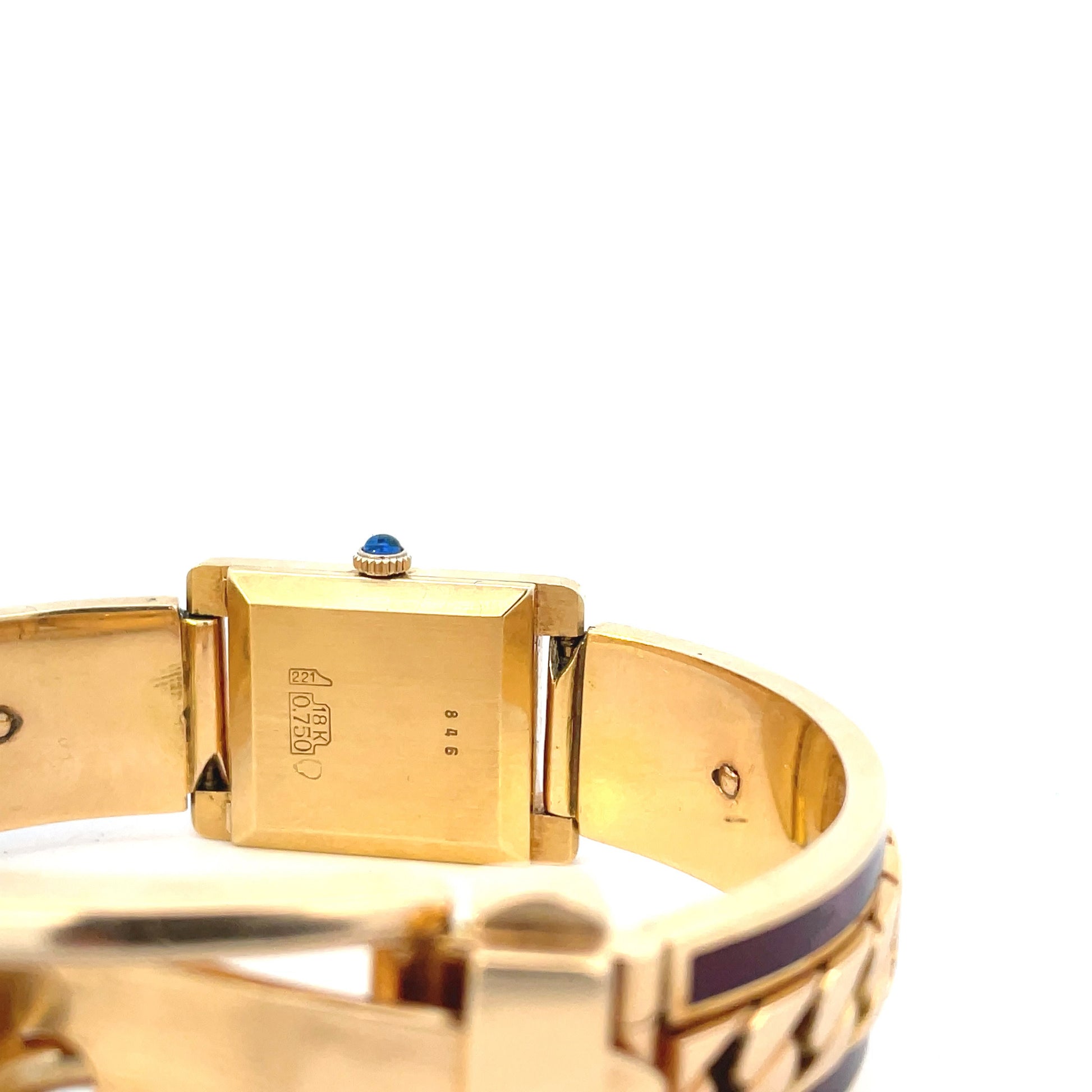 Gucci 1970s 18KT Yellow Gold & Enamel Bracelet Watch close-up back of face