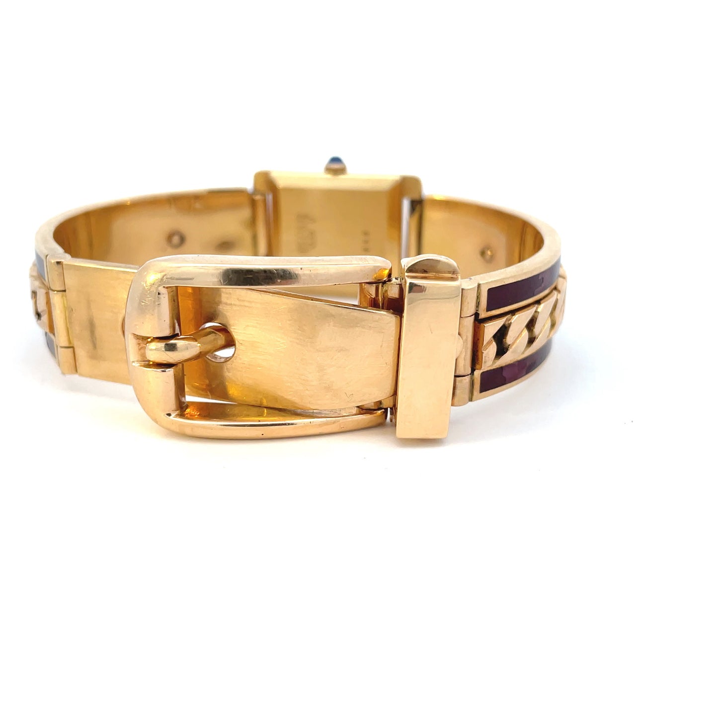 Gucci 1970s 18KT Yellow Gold & Enamel Bracelet Watch back buckle view
