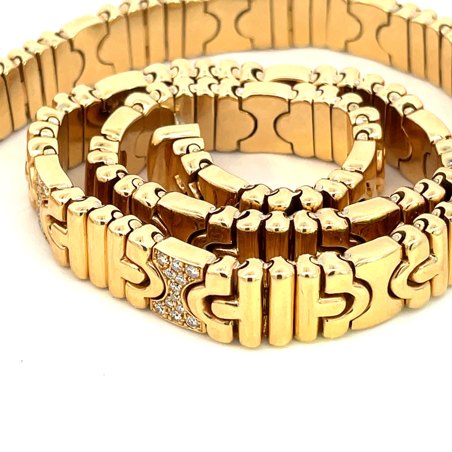 Bulgari 1980s 18KT Yellow Gold Diamond Parentesti Necklace rolled up close-up
