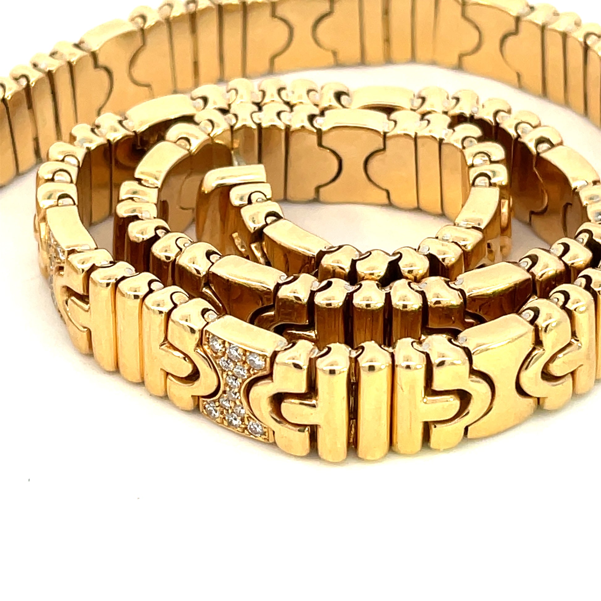 Bulgari 1980s 18KT Yellow Gold Diamond Parentesti Necklace rolled up close-up
