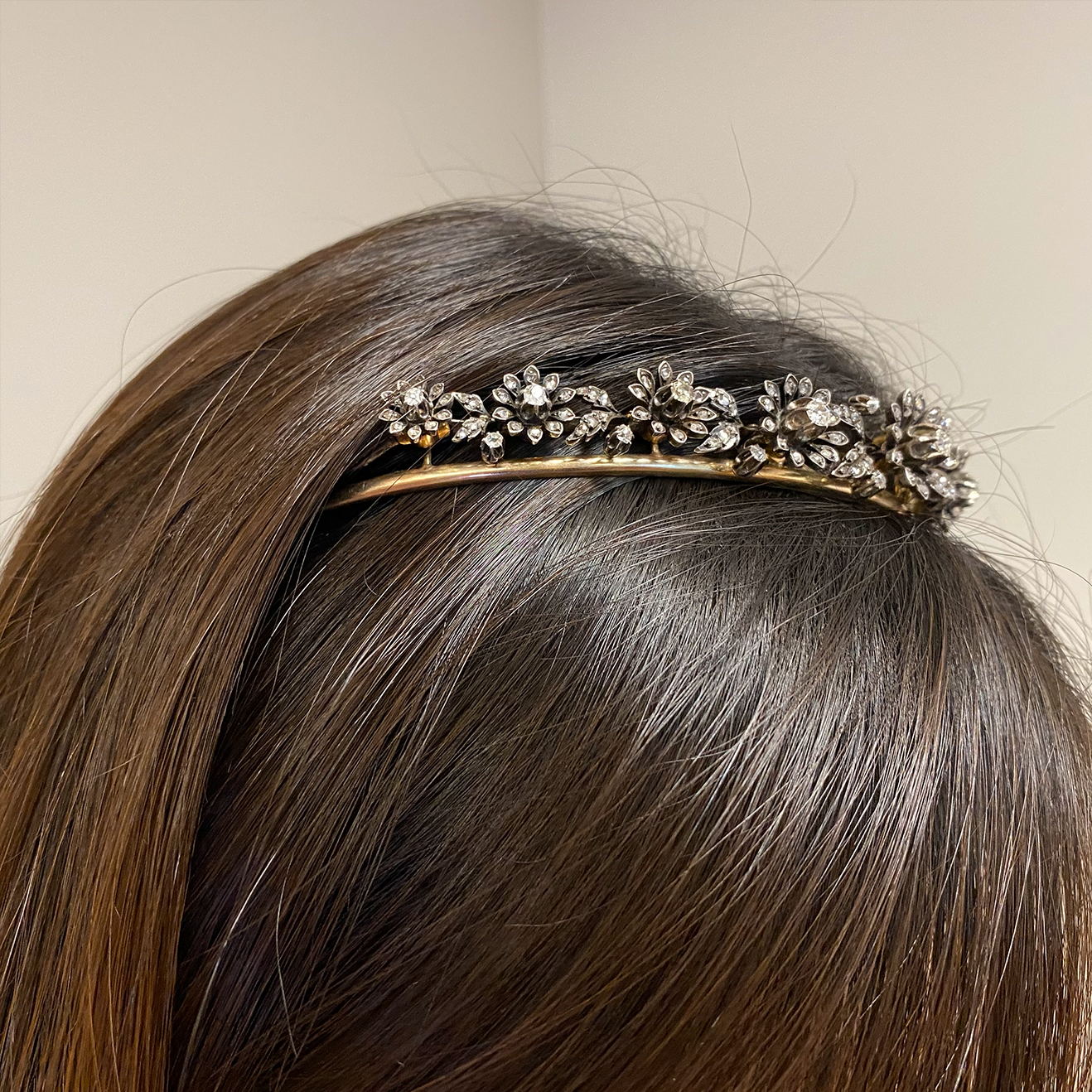 Victorian Silver & 18KT Yellow Gold Diamond Tiara / Necklace worn as tiara in hair