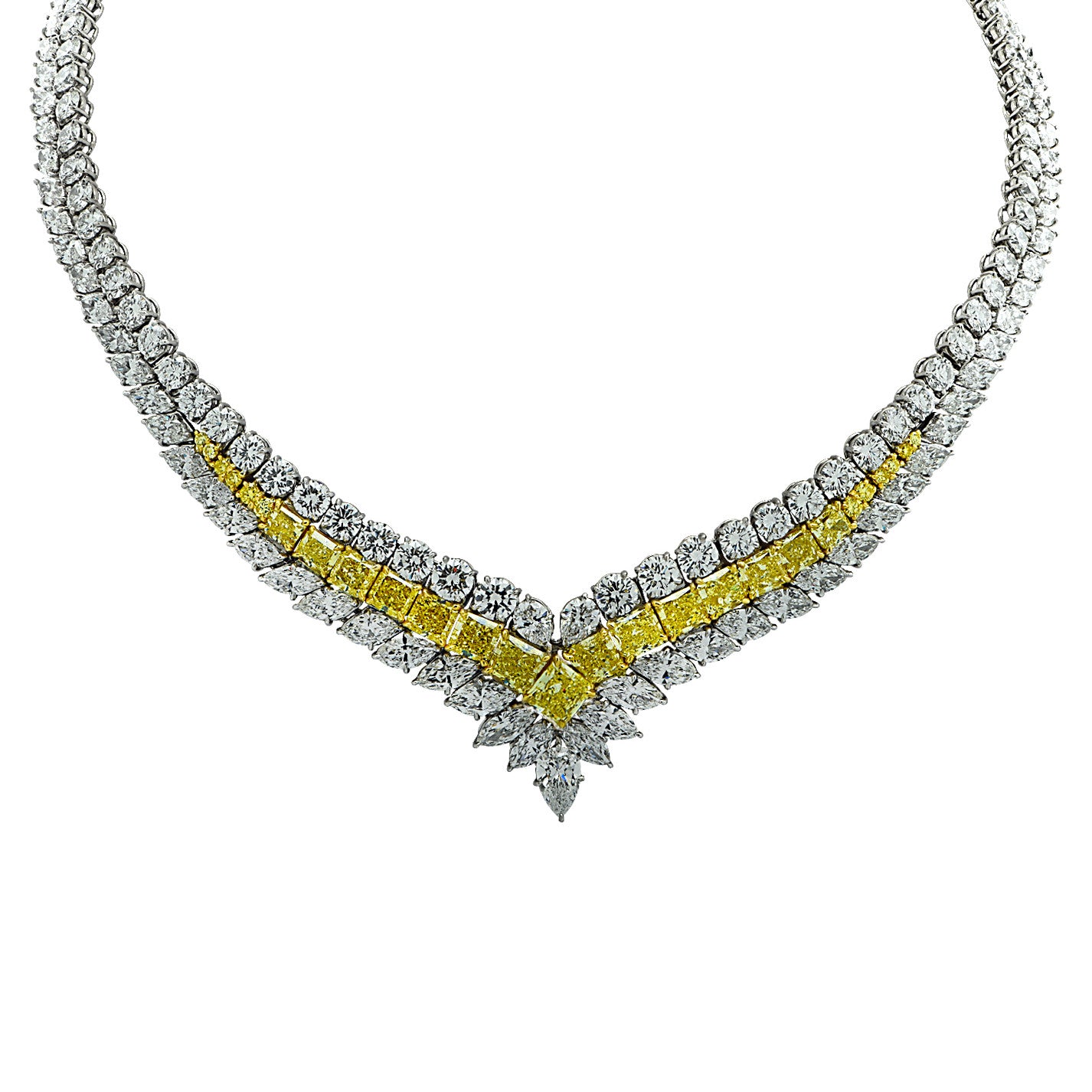 Post-1980s Platinum Yellow & White Diamond Necklace front view