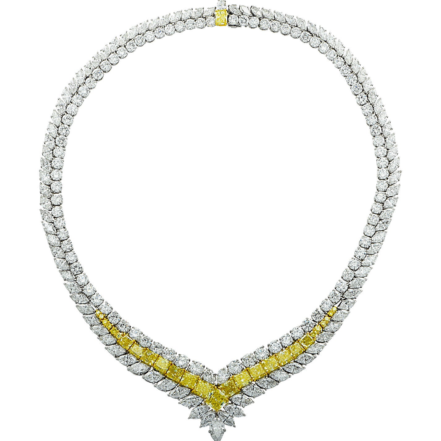 Post-1980s Platinum Yellow & White Diamond Necklace front view