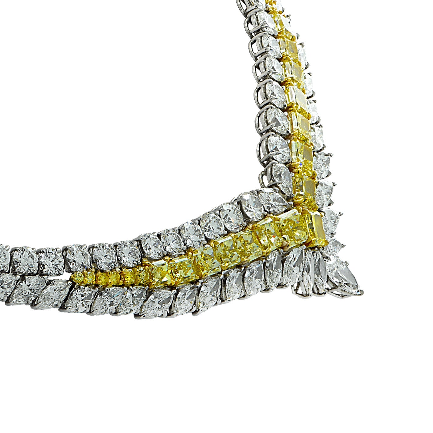 Post-1980s Platinum Yellow & White Diamond Necklace front side view