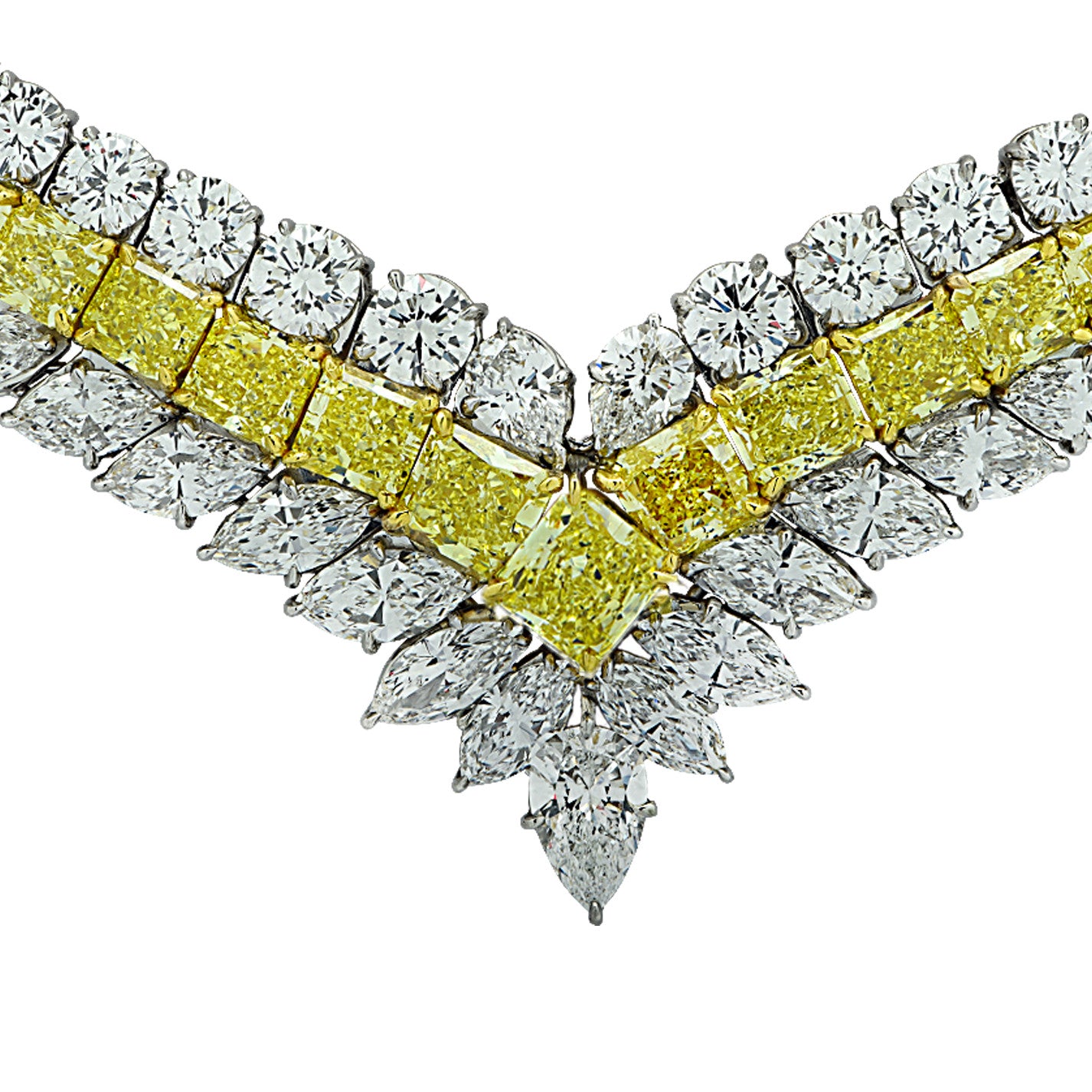 Post-1980s Platinum Yellow & White Diamond Necklace front view close-up
