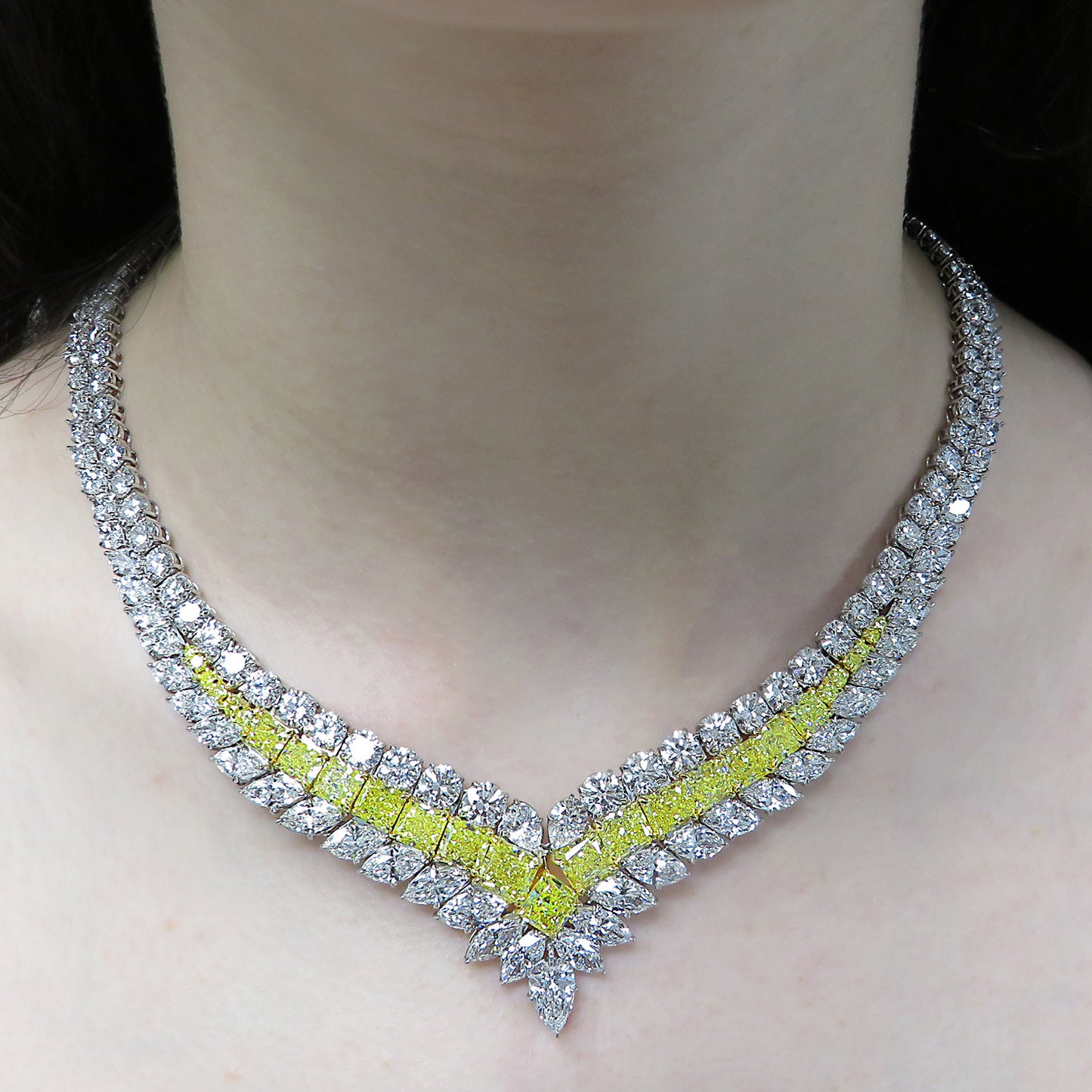 Post-1980s Platinum Yellow & White Diamond Necklace worn on neck