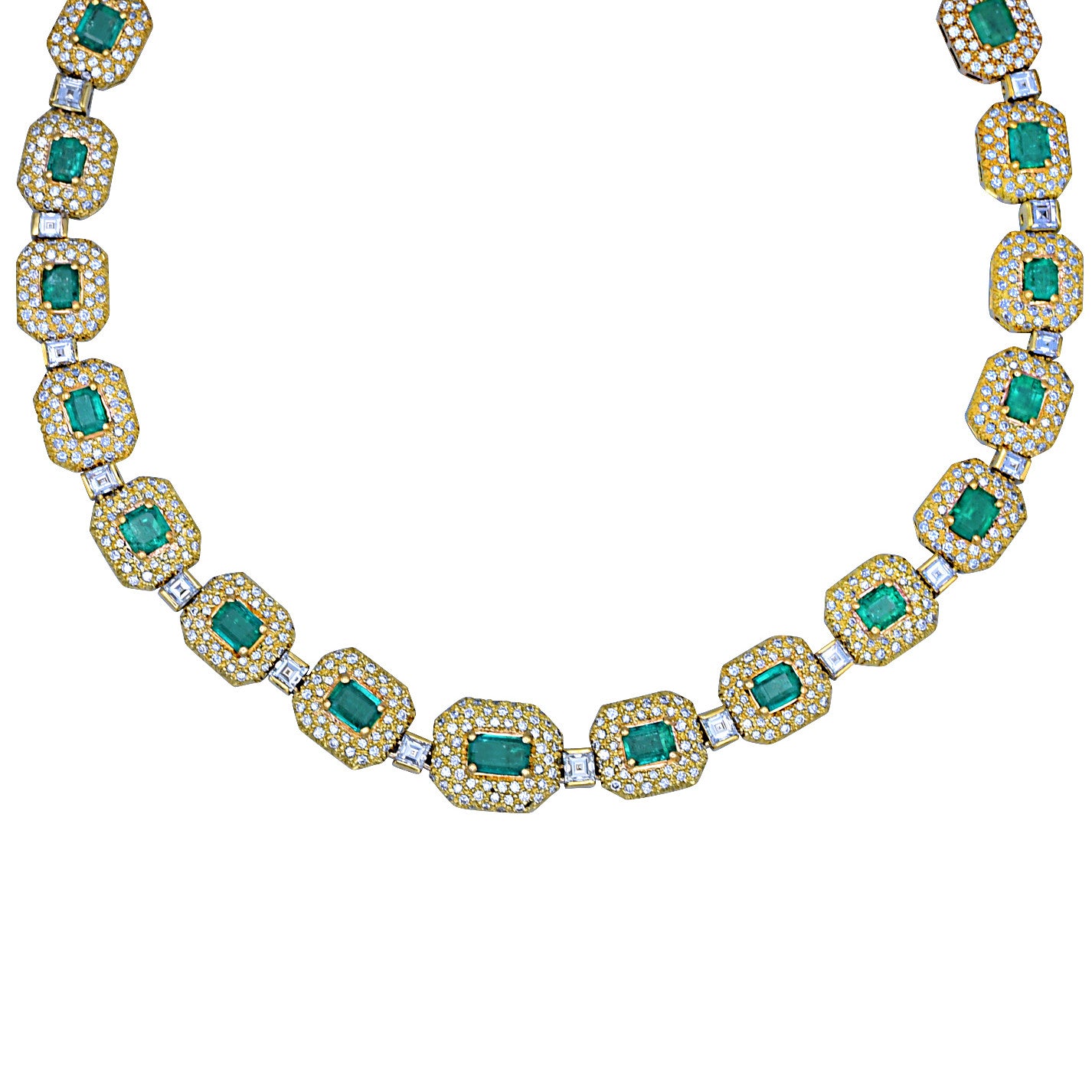 Post-1980s 14KT Yellow Gold Emerald & Diamond Necklace front view