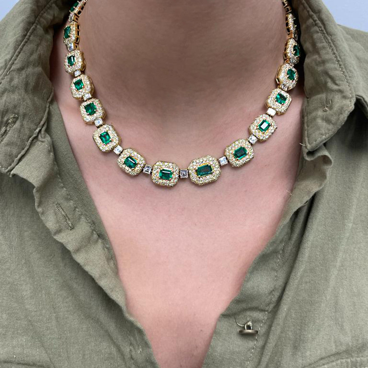 Post-1980s 14KT Yellow Gold Emerald & Diamond Necklace worn on neck