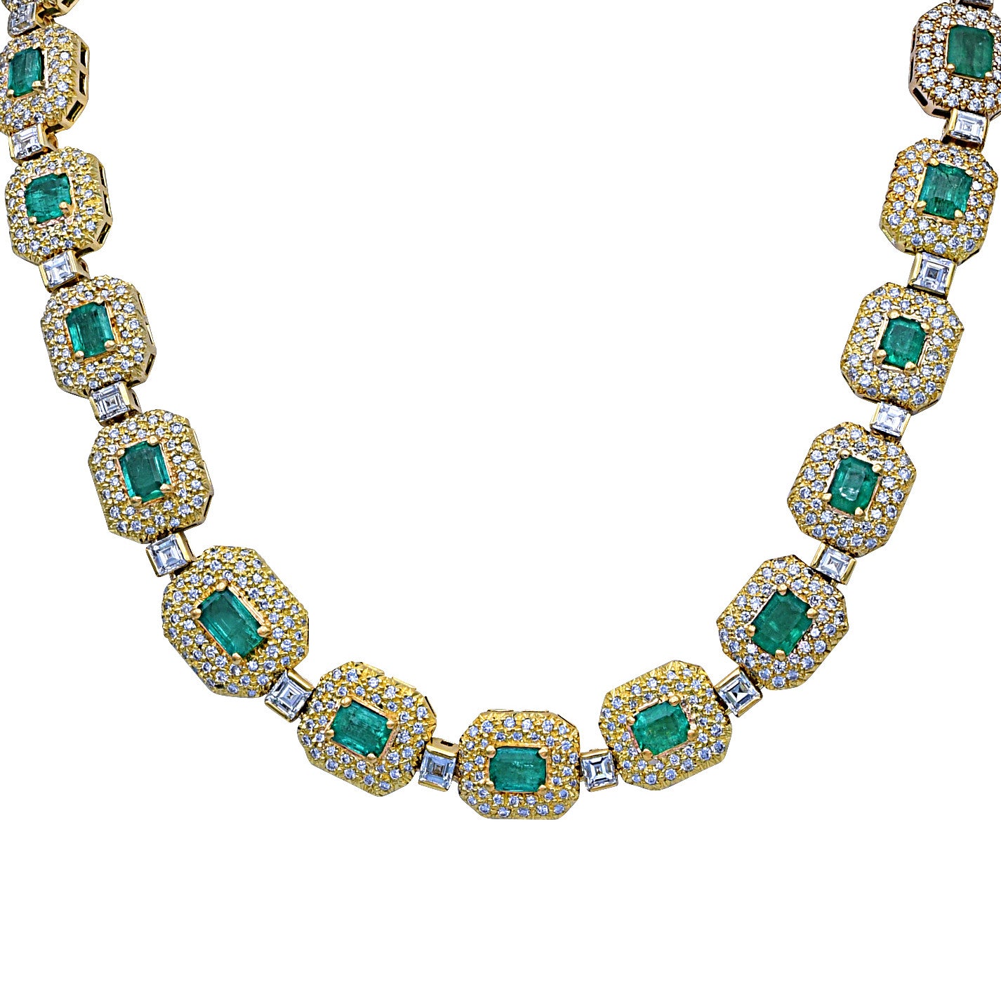 Post-1980s 14KT Yellow Gold Emerald & Diamond Necklace front close-up view
