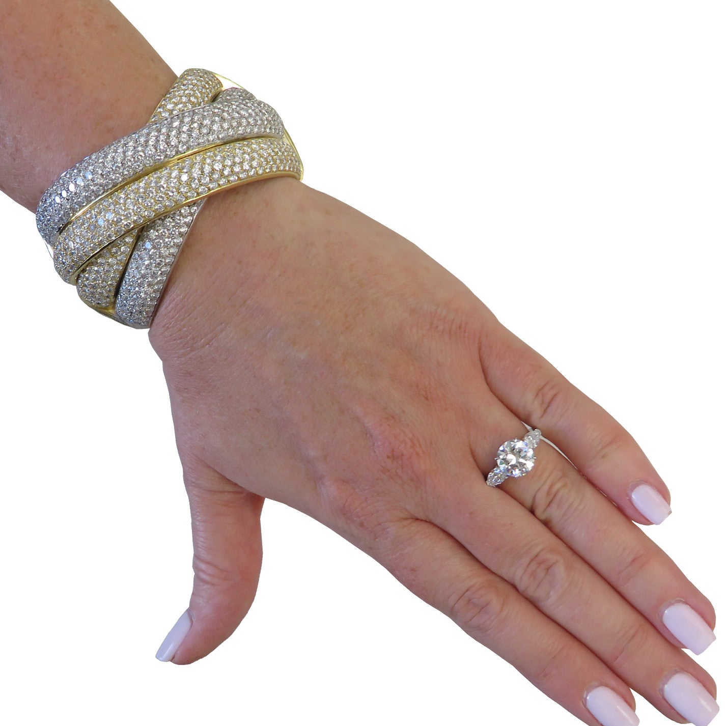 Italian Post-1980s 18KT Yellow & White Gold Diamond Bangle Bracelet worn on wrist