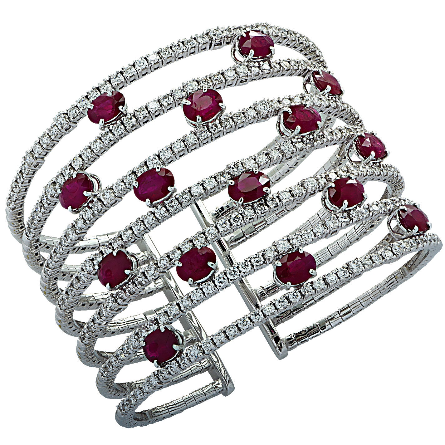 Post-1980s 18KT White Gold Ruby & Diamond Cuff Bracelet front view