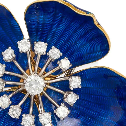 Boucheron 1970s Platinum & 18KT Yellow Gold Diamond & Enamel Flower Brooch close-up details