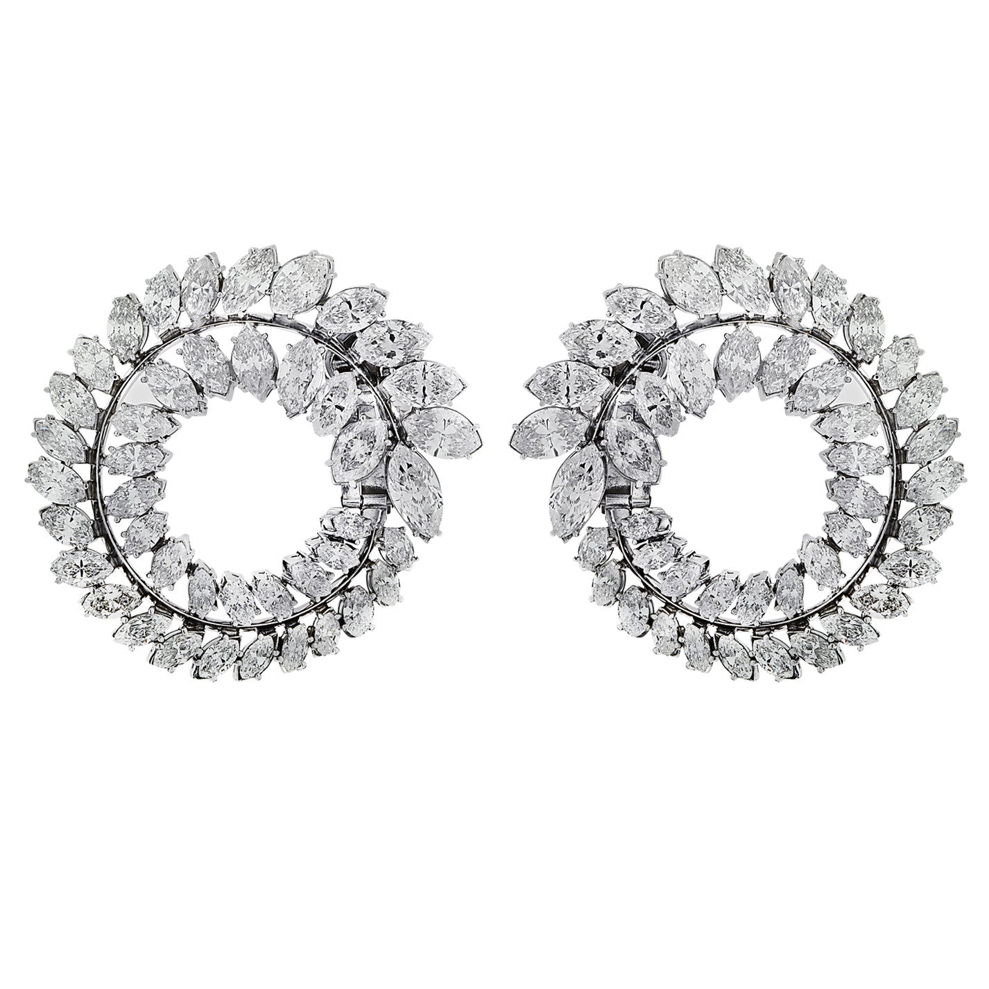 1950s Platinum Diamond Swirl Earrings front view
