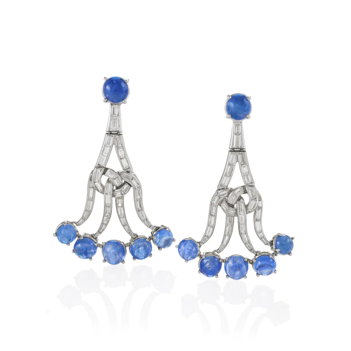 1950s Platinum Sapphire & Diamond Chandelier Earrings front view