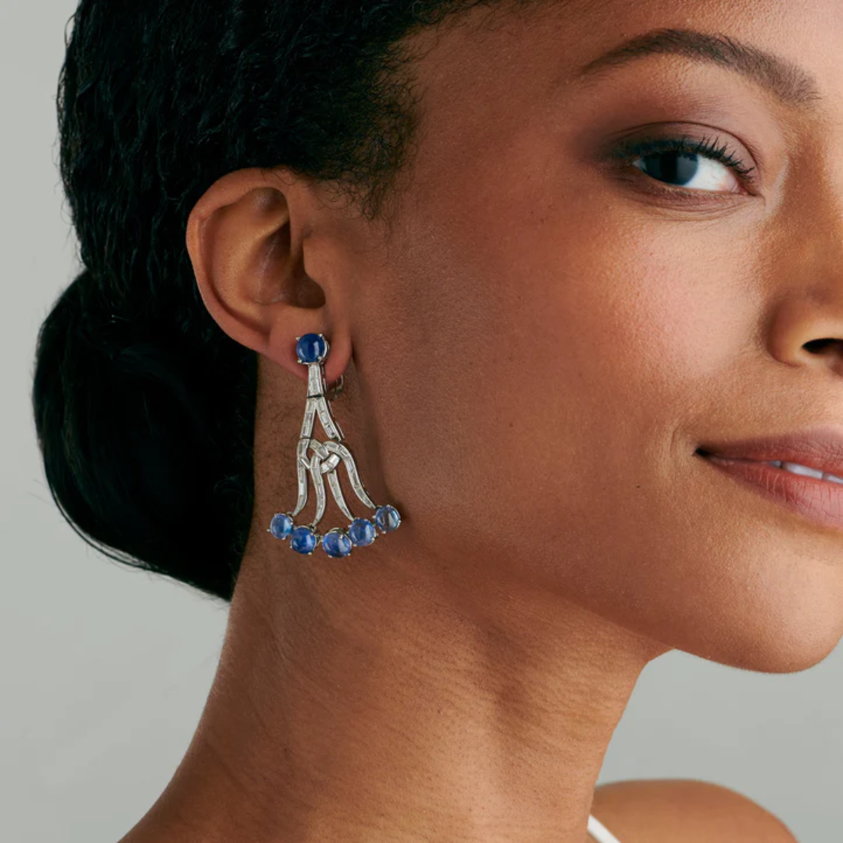 1950s Platinum Sapphire & Diamond Chandelier Earrings worn on ear