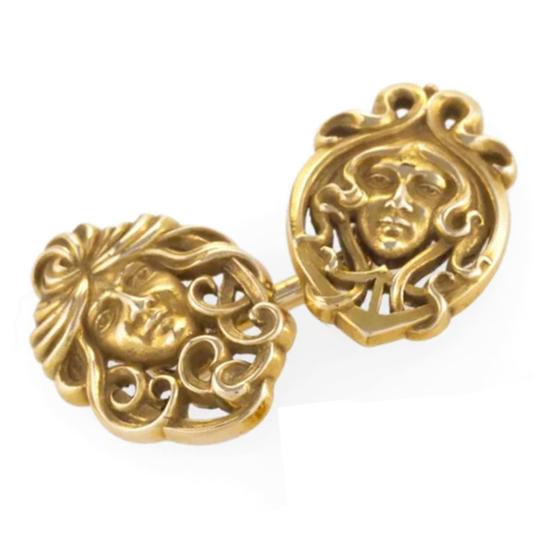 Art Nouveau 14KT Yellow Gold Male & Female Portrait Cufflinks close-up front view