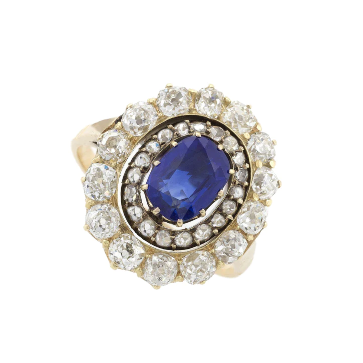 Victorian Silver & 15KT Yellow Gold Sapphire & Diamond Cluster Ring front view