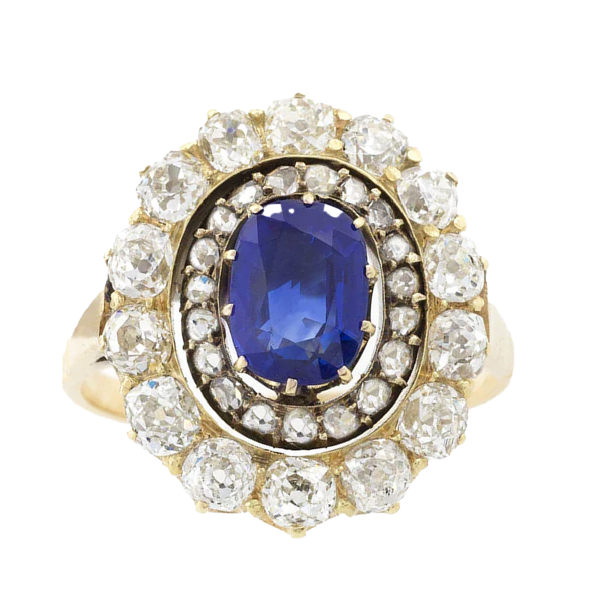 Victorian Silver & 15KT Yellow Gold Sapphire & Diamond Cluster Ring close-up front view