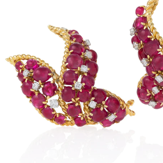 David Webb 1960s 18KT Yellow Gold Ruby & Diamond Earrings close-up front view