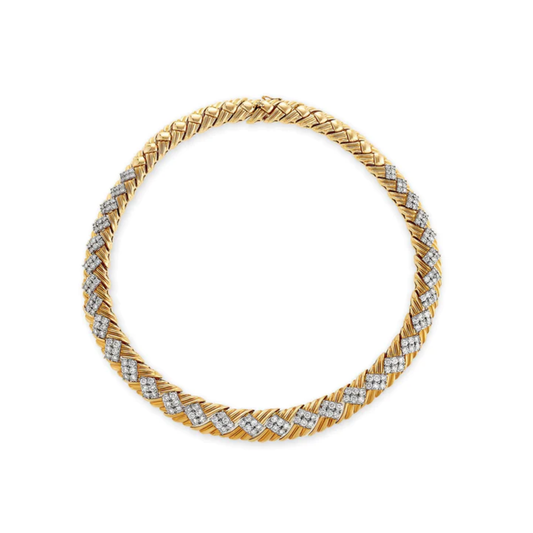 1980s 18KT Yellow Gold Diamond Basket Weave Collar Necklace front view