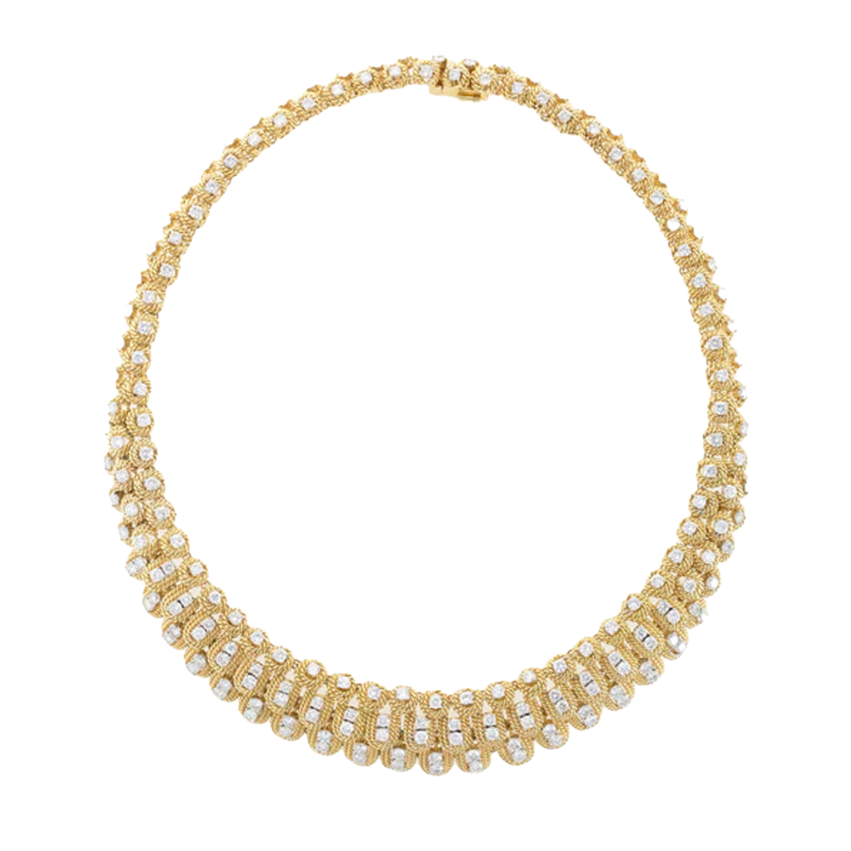 Circa 1950s 18KT Yellow Gold Diamond Rope Collar Necklace front view