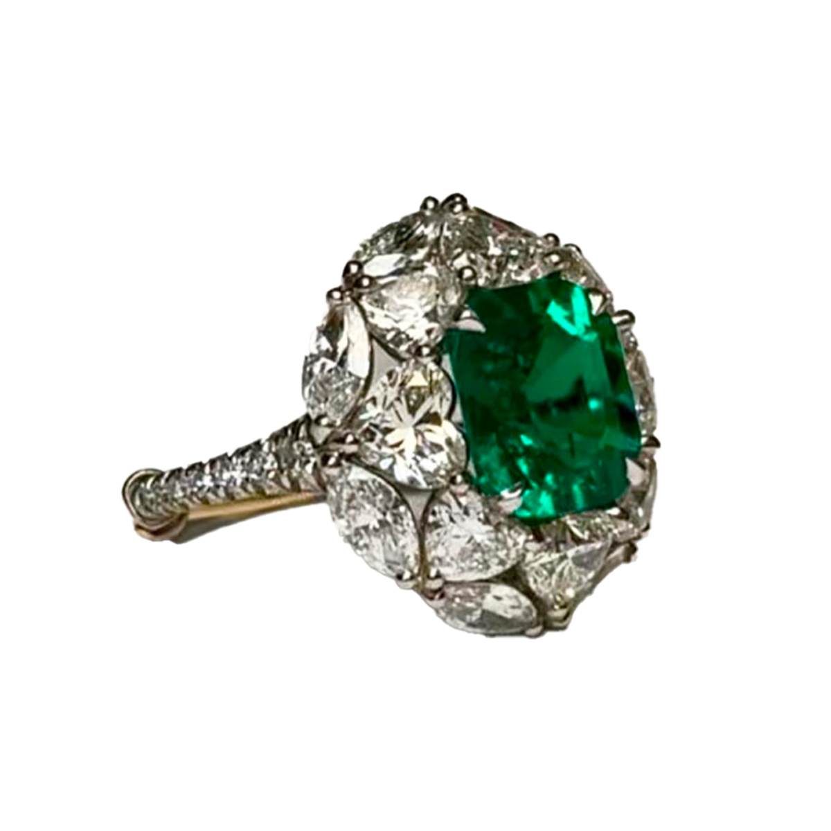 Post-1980s Platinum Emerald & Diamond Ring front side view