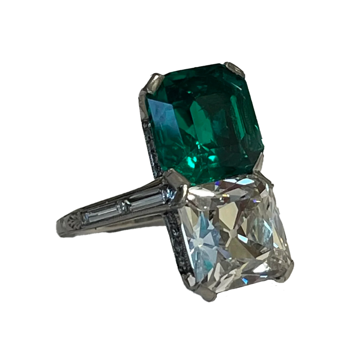 Art Deco Platinum Emerald & Diamond North-South Twin Ring front side view