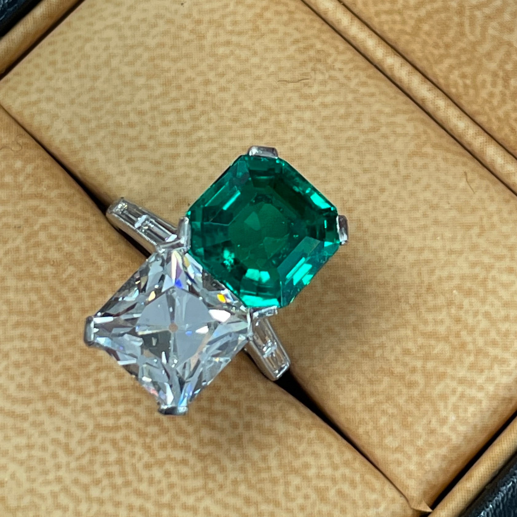Art Deco Platinum Emerald & Diamond North-South Twin Ring in ring box