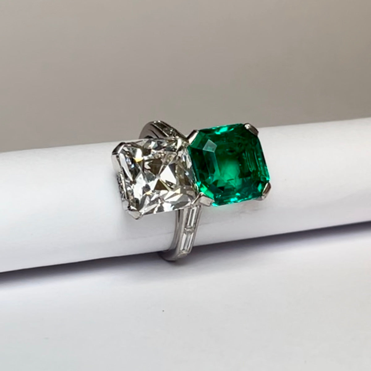 Art Deco Platinum Emerald & Diamond North-South Twin Ring front side view