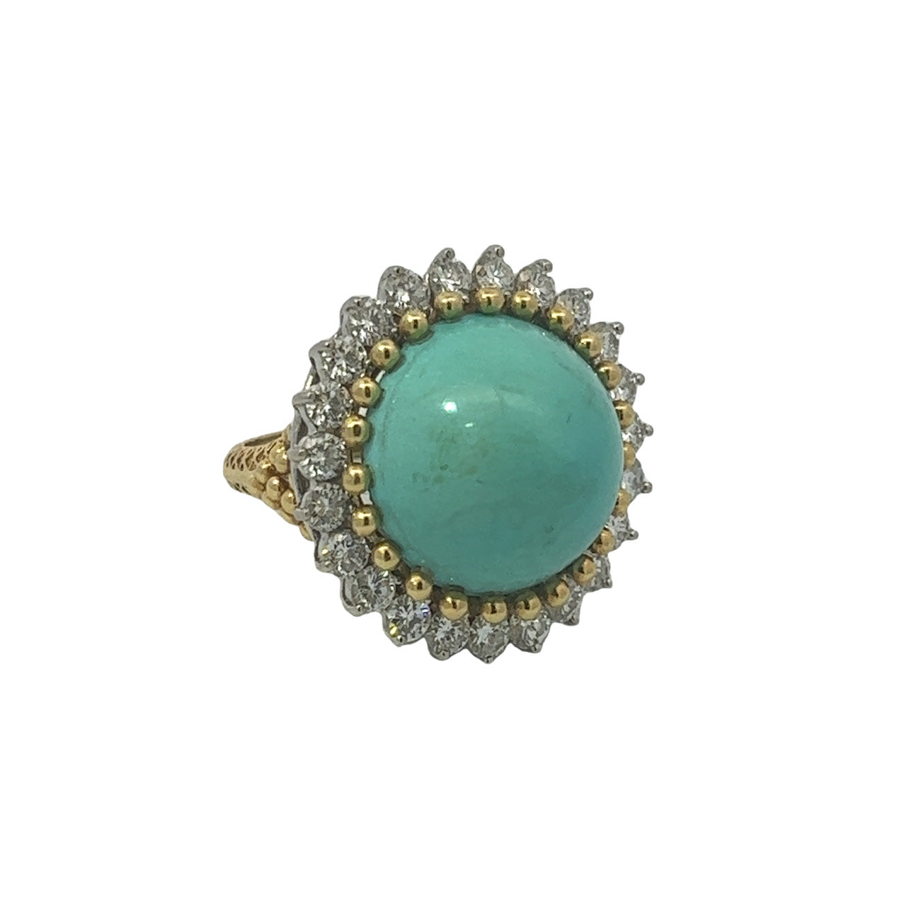 1970s 18KT Yellow Gold Turquoise & Diamond Cocktail Ring front side view