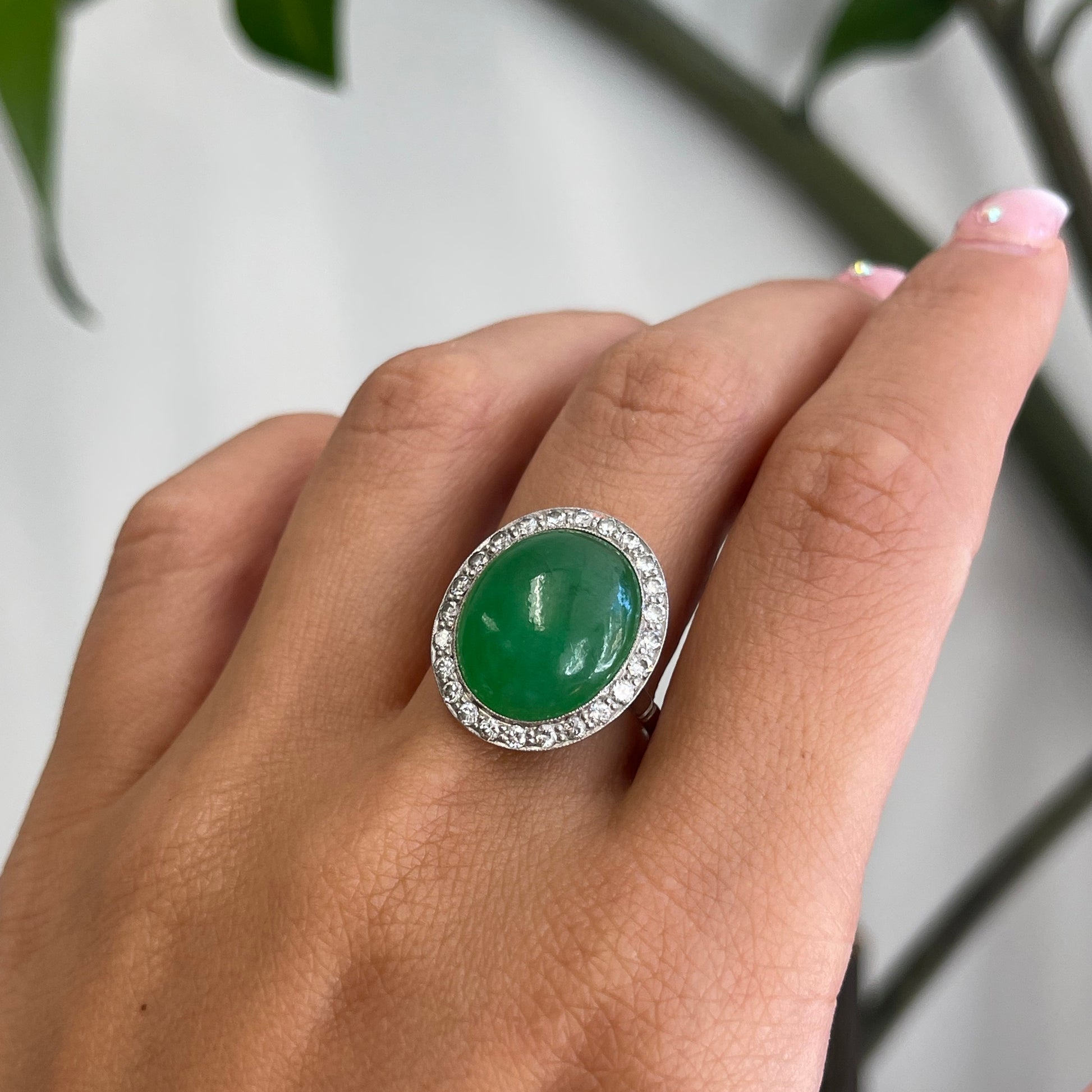 Art Deco Platinum Jade & Diamond Ring worn on hand