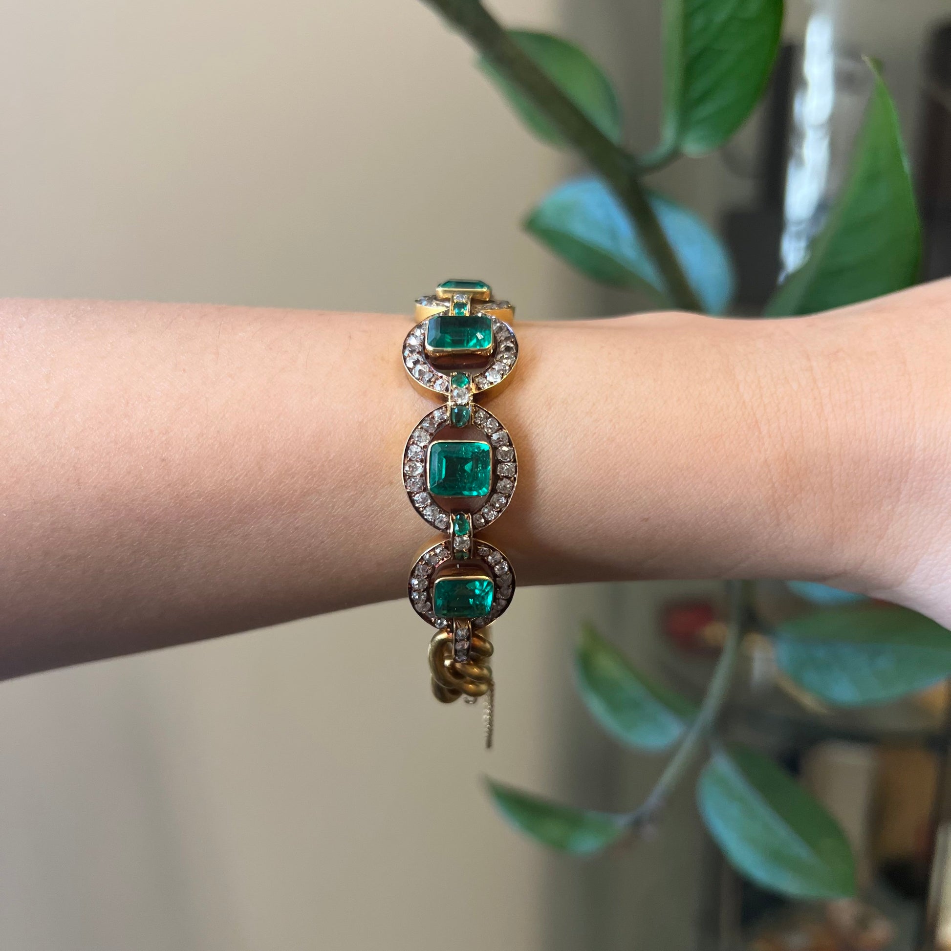 Victorian 18KT Yellow Gold Emerald & Diamond Bracelet worn on wrist