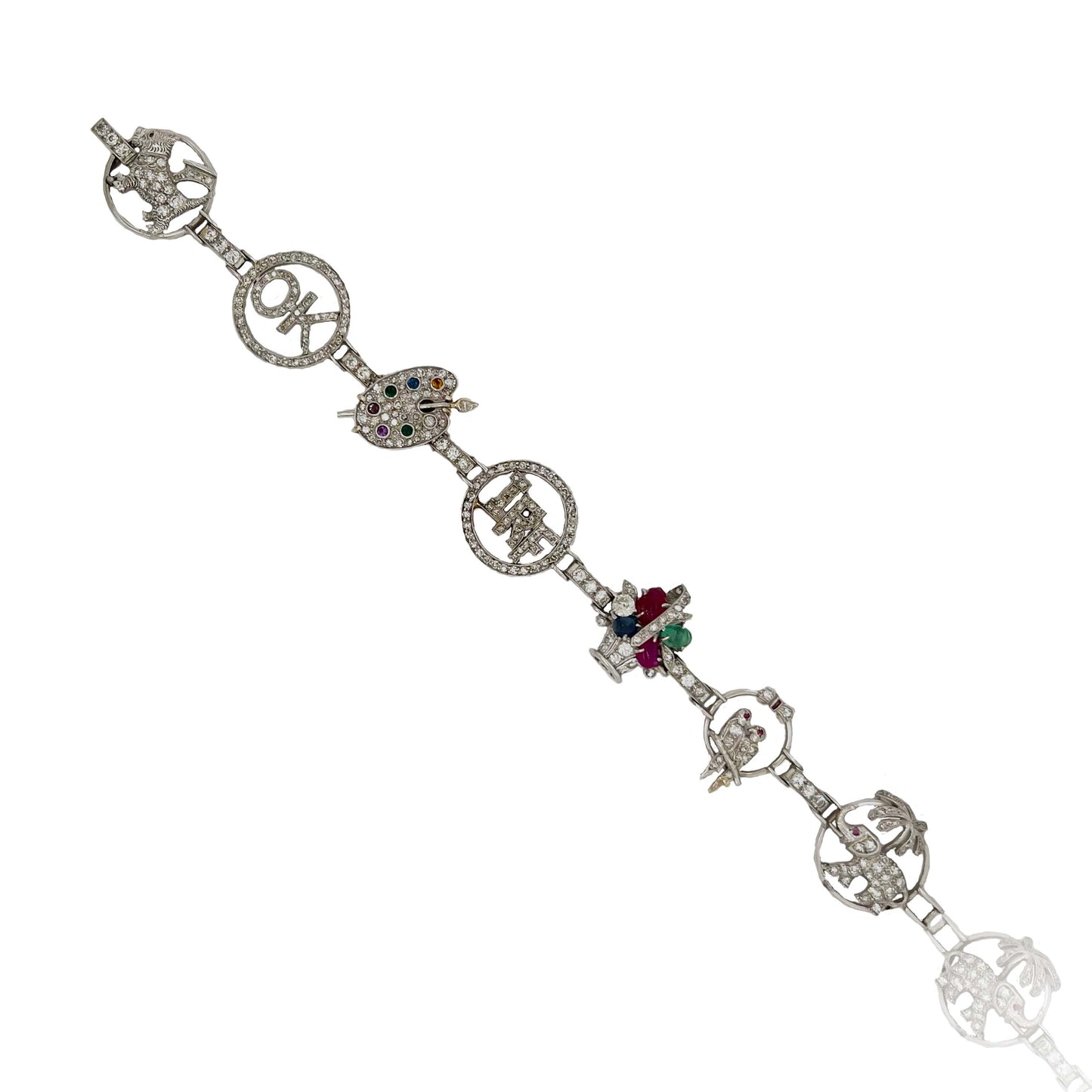 Art Deco Platinum Diamond, Emerald, Ruby & Sapphire Charm Bracelet front view