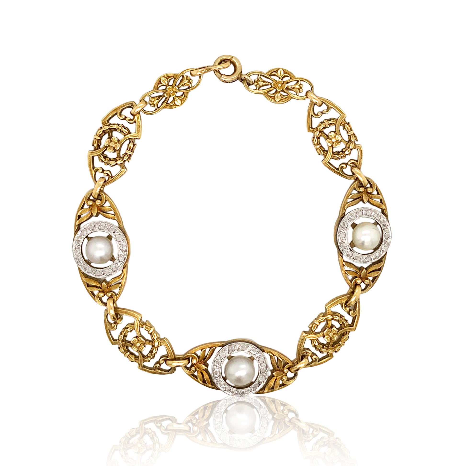 Art Nouveau 18KT Yellow Gold Diamond Natural Pearl Bracelet front view