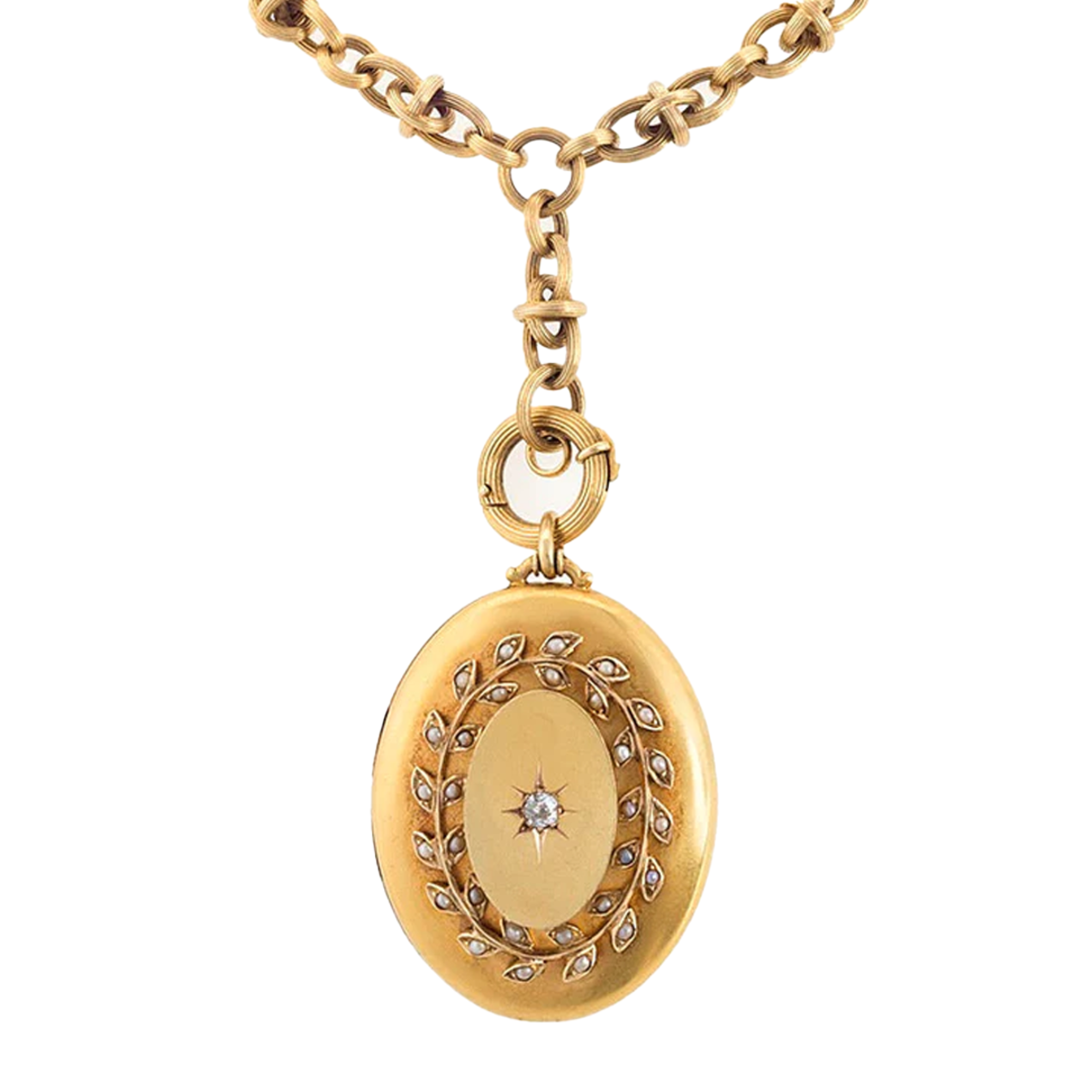 Victorian 18KT Yellow Gold Diamond & Seed Pearl Locket Necklace close-up details