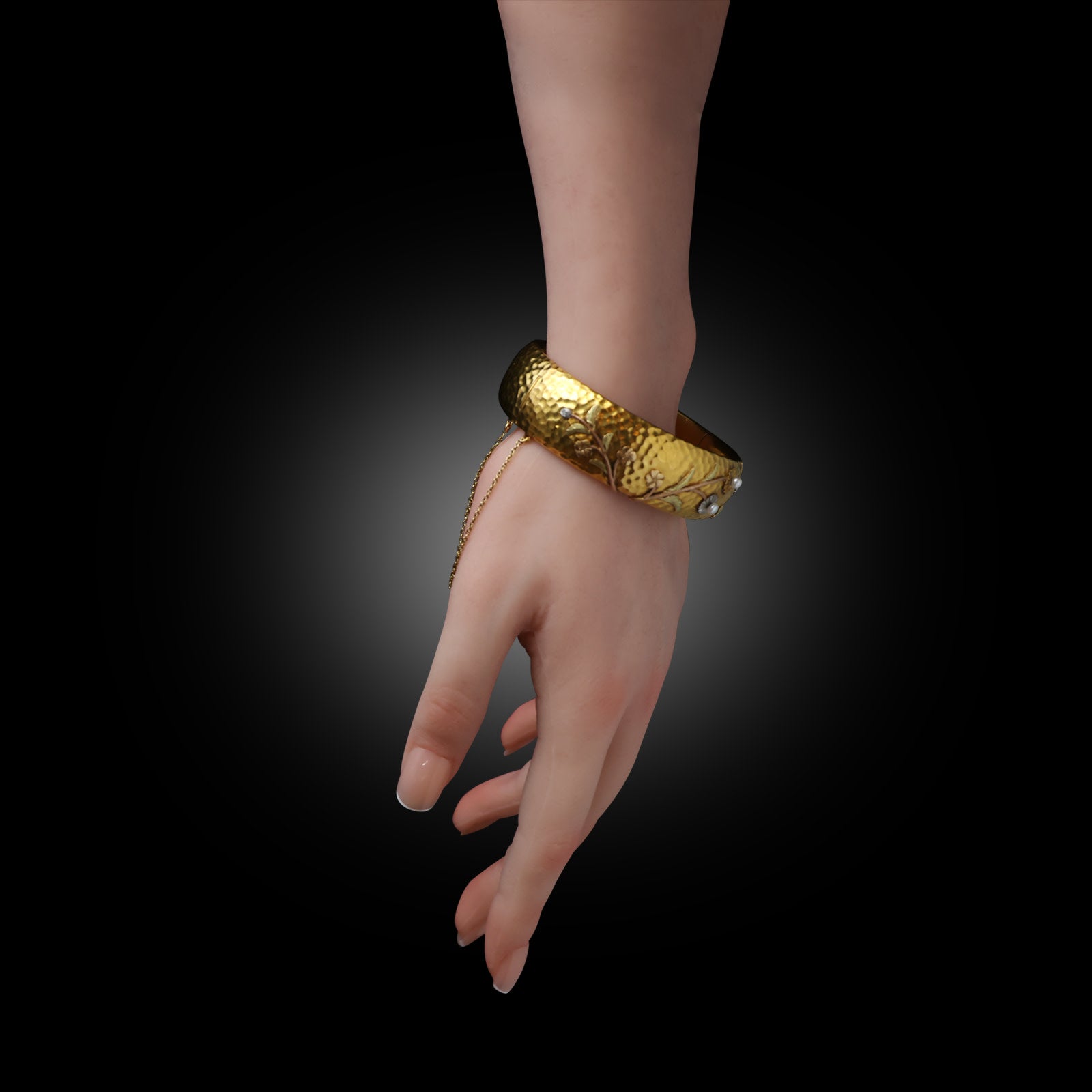 French Art Nouveau 18KT Yellow Gold & Platinum Natural Pearl Japonisme Style Bangle Bracelet worn on wrist
