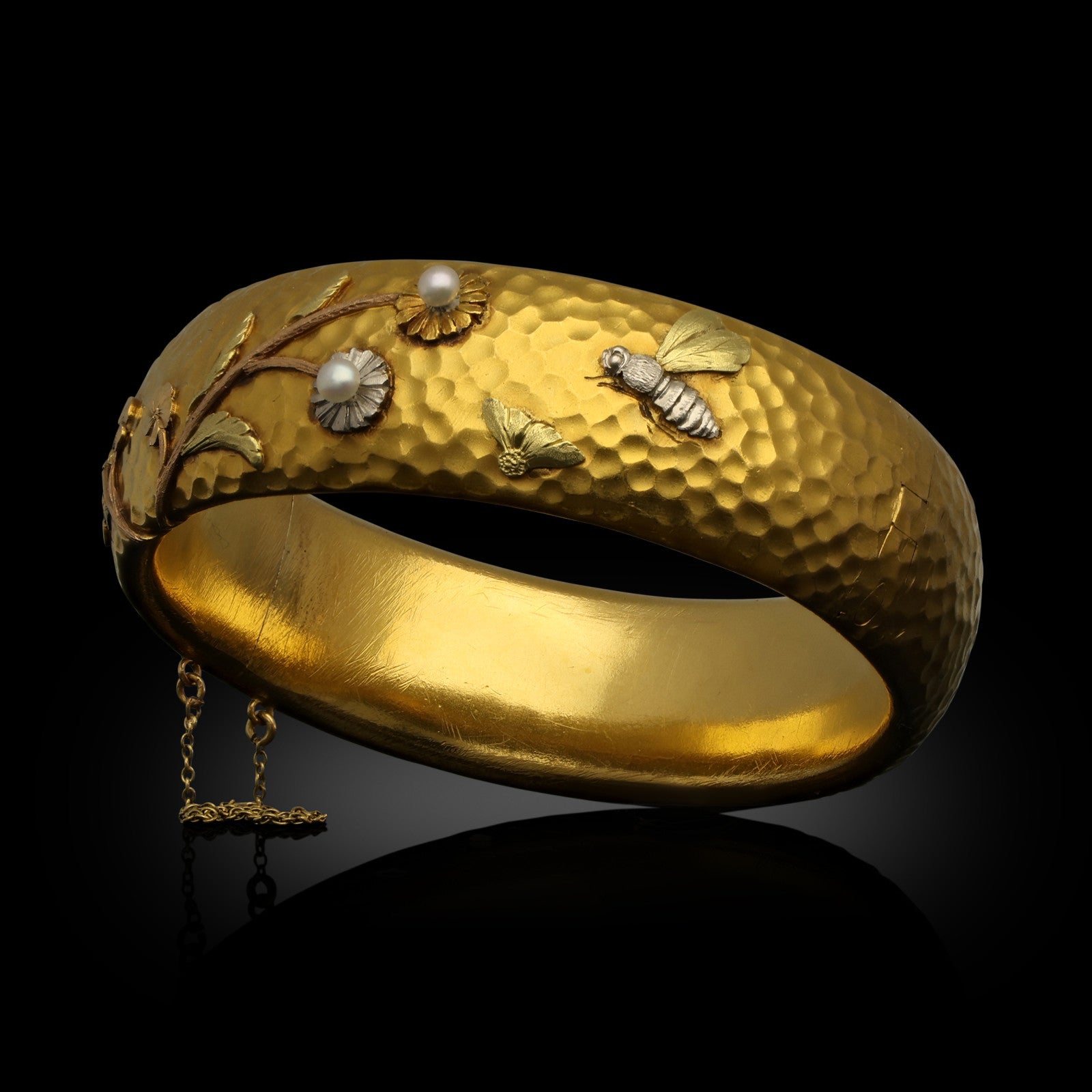 French Art Nouveau 18KT Yellow Gold & Platinum Natural Pearl Japonisme Style Bangle Bracelet front view