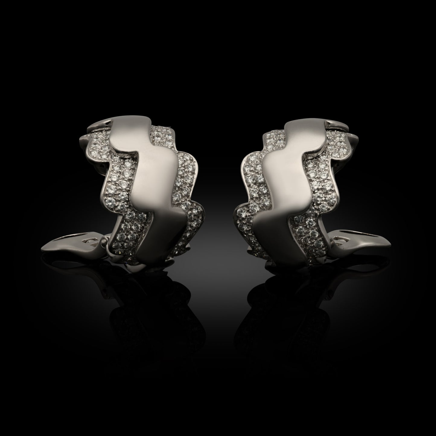 French Van Cleef & Arpels Post-1980s 18KT White Gold Diamond Wave Hoop Earrings front view