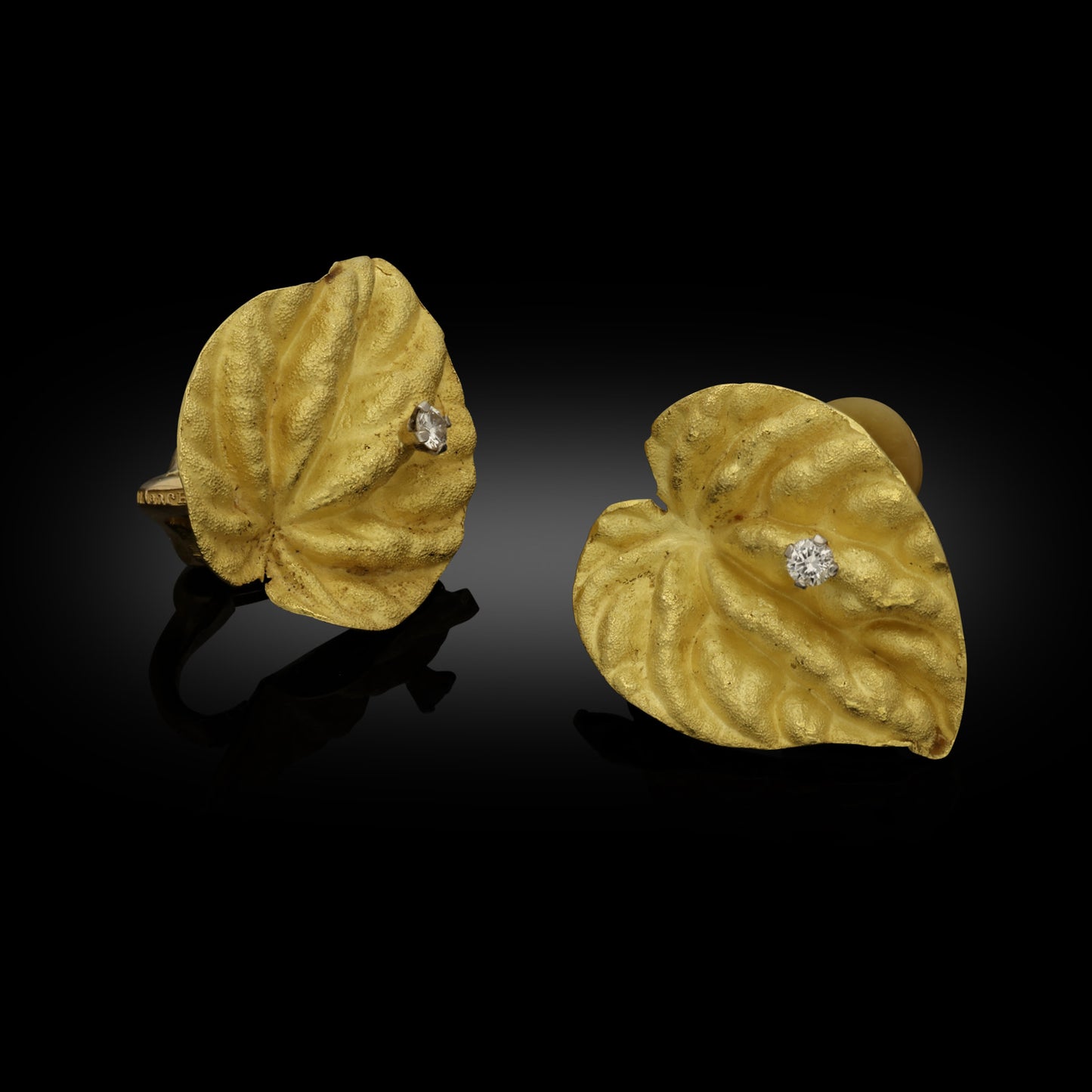 Andrew Grima 1960s 18KT Yellow Gold Diamond Cyclamen Leaf Earrings front view