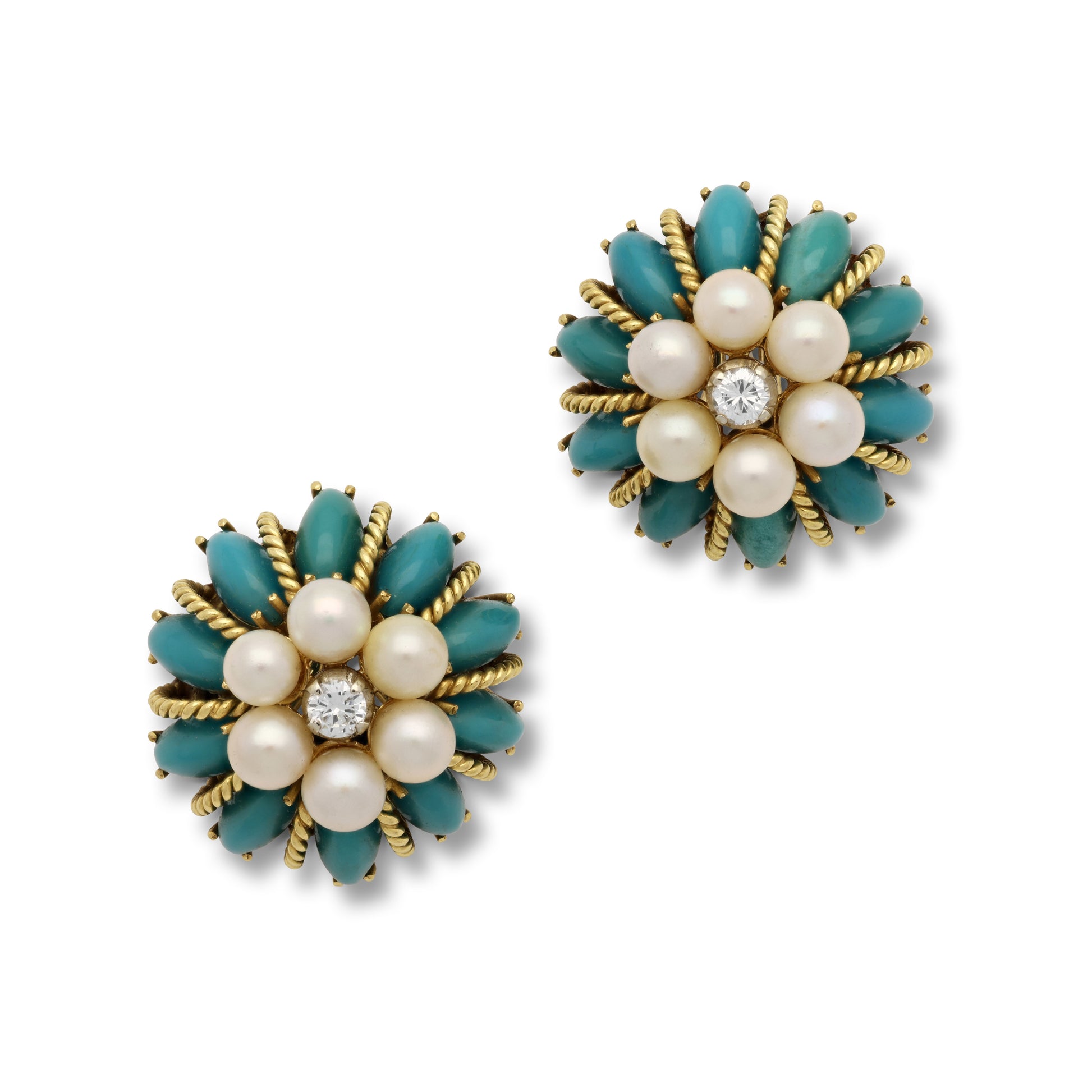 Tiffany & Co. 1960s 18KT Yellow Gold Diamond, Pearl & Turquoise Earrings front view