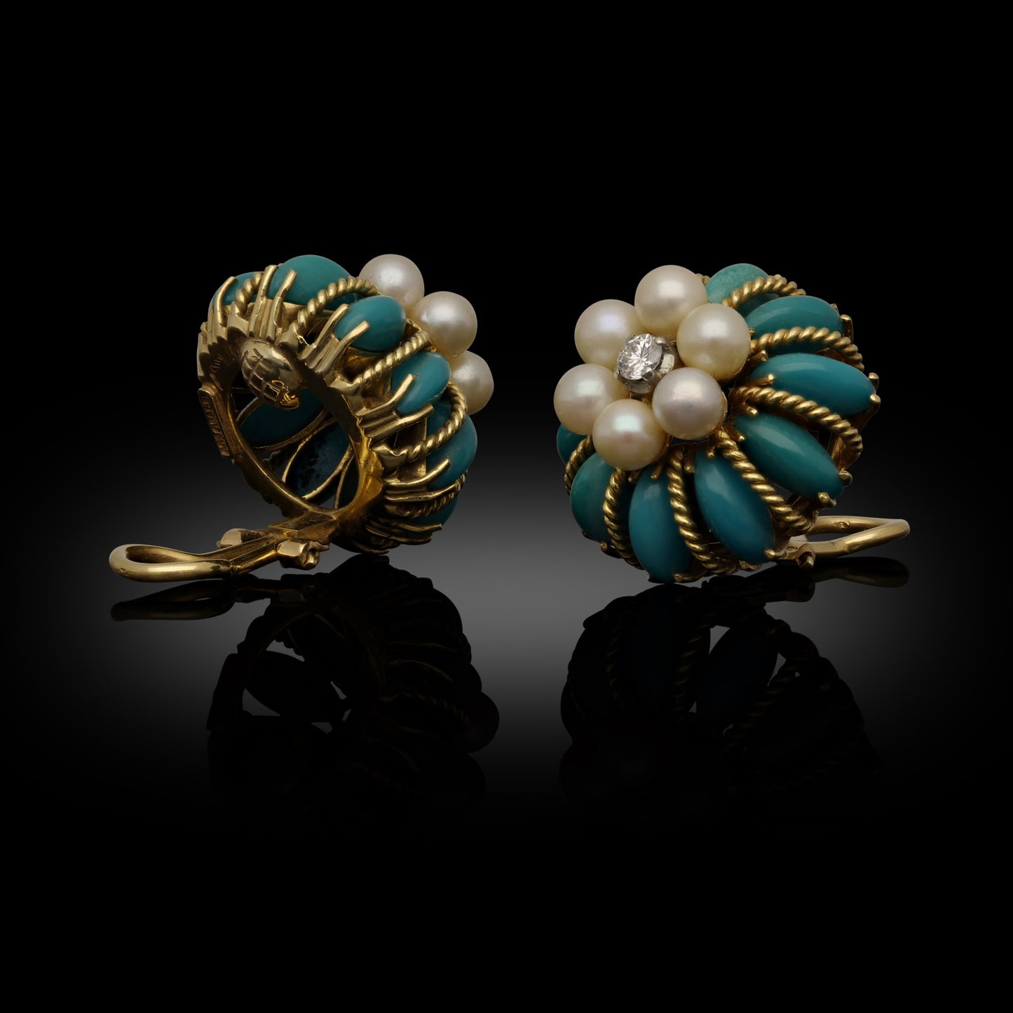 Tiffany & Co. 1960s 18KT Yellow Gold Diamond, Pearl & Turquoise Earrings side view