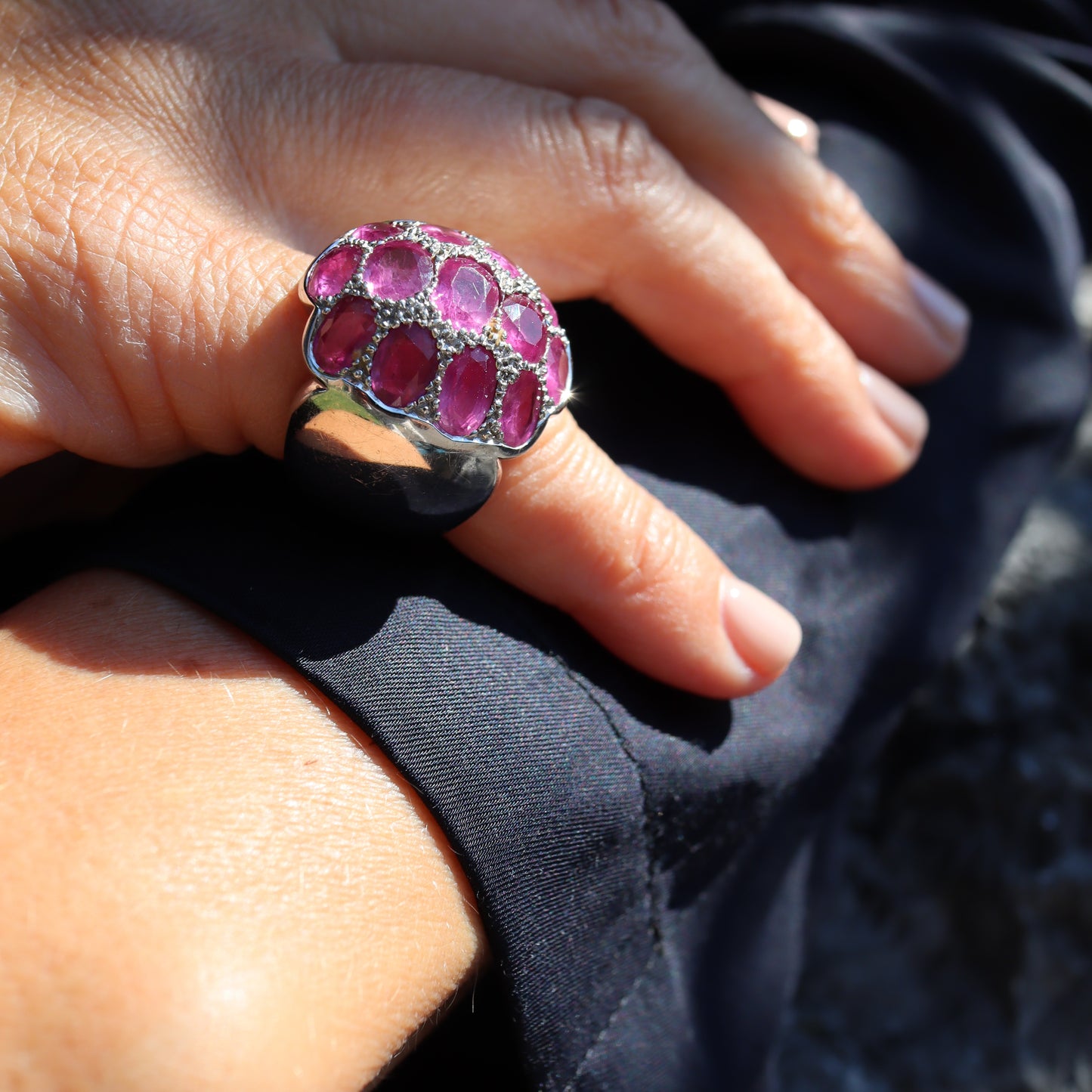 René Boivin 1980s 18KT White Gold Pink Sapphire Ring worn on hand