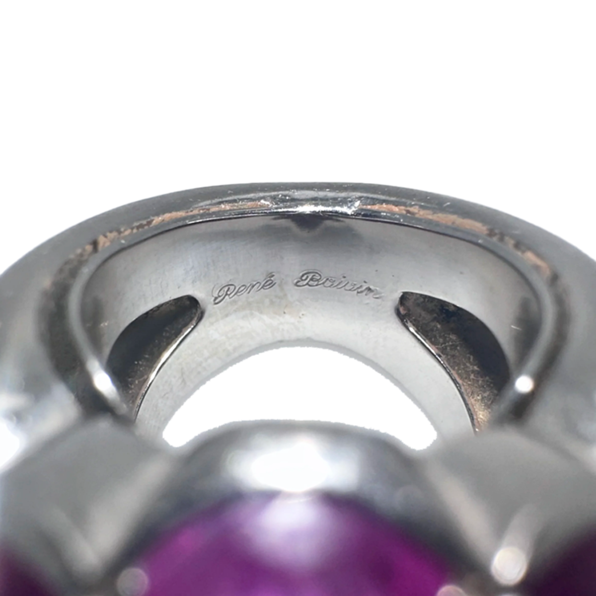 René Boivin 1980s 18KT White Gold Pink Sapphire Ring close-up of signature
